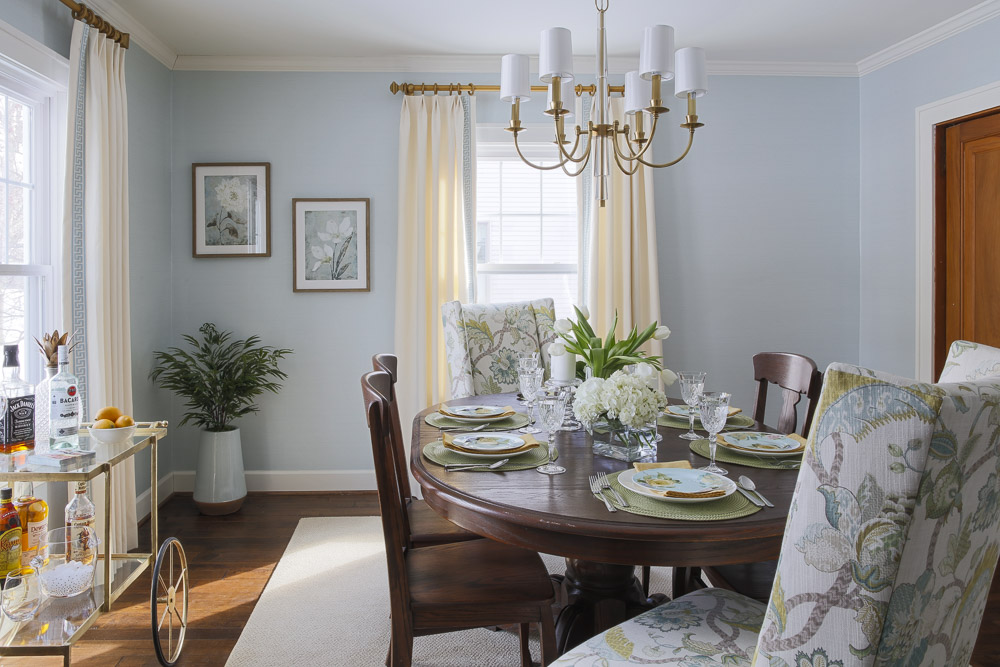 Dining Room with custom window treatments 