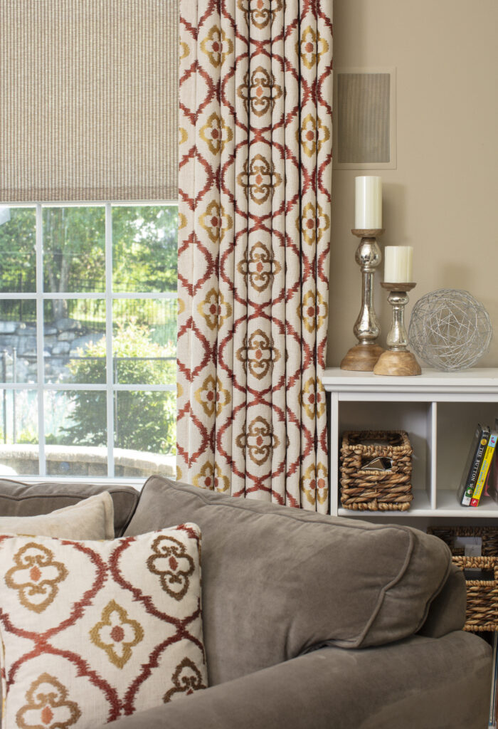 coordinating patterned custom drapes and pillow